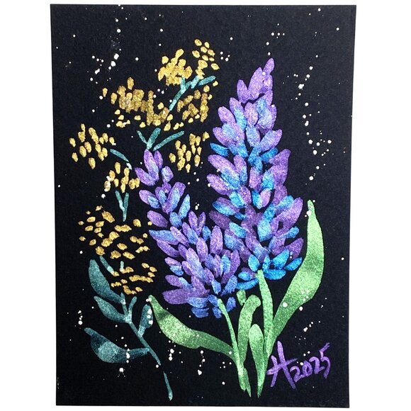 Flower Glow Original Iridescent Watercolor Painting 4x5in Black Frame Desk Art - Picture 3 of 6